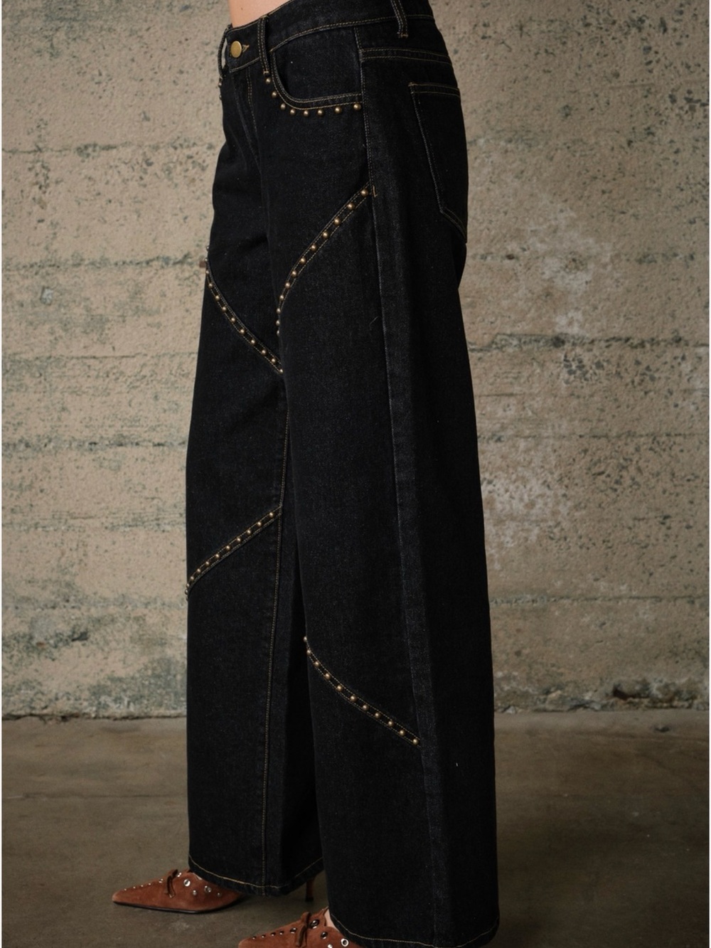 Western Wide Leg Black Jeans with Stud Detail - Women - Picture 4 of 9
